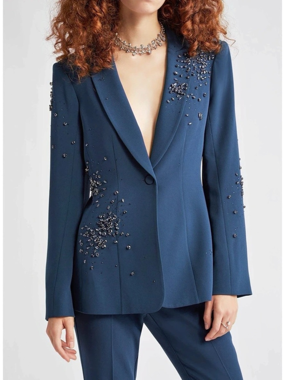 Cinq à Sept Embellished Blazer in Navy Blue